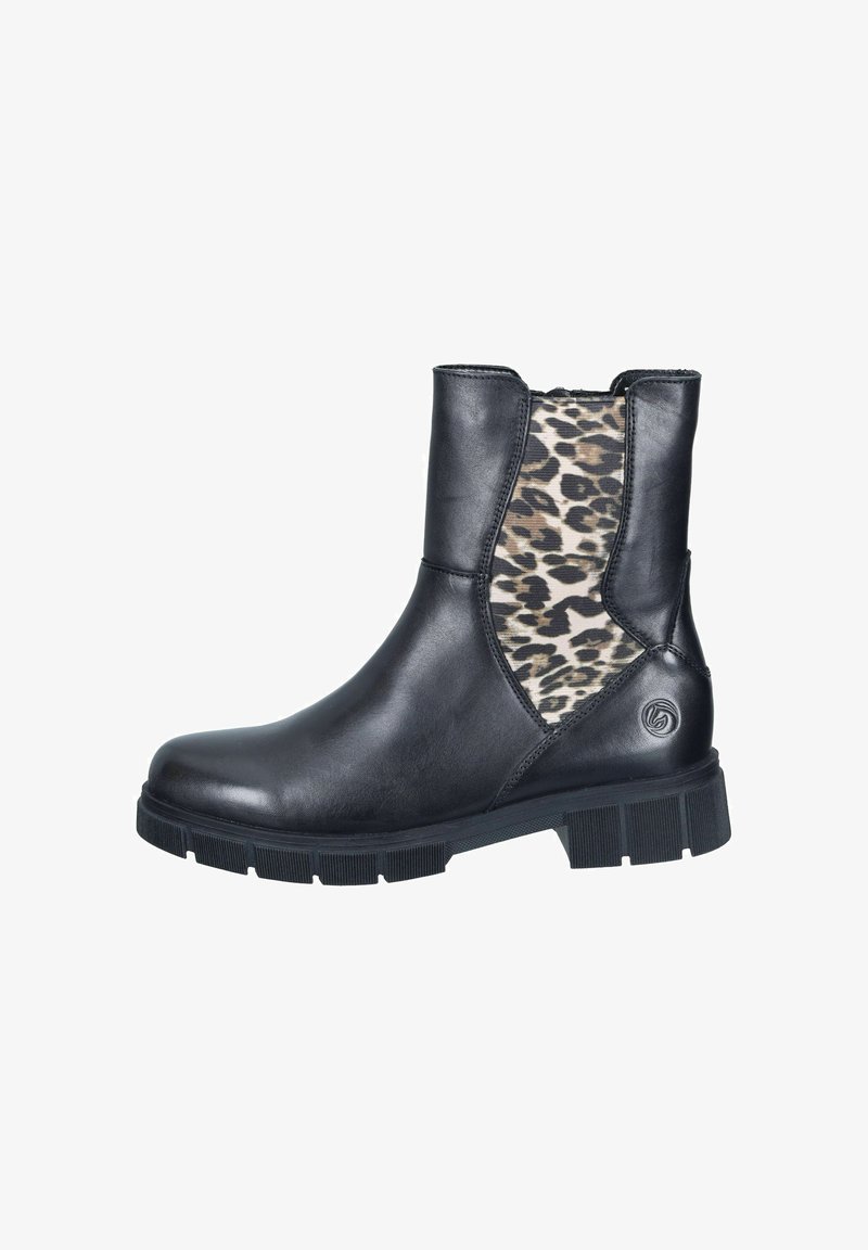 Botín de piel negra hasta el tobillo con un panel lateral elástico de estampado de leopardo, punta redonda y suela de goma gruesa para mayor tracción.