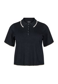 Svart polo skjorta med korta ärmar, med en kontrasterande krämfärgad krage och ärmslutar, en knappslå och en mjuk textur.