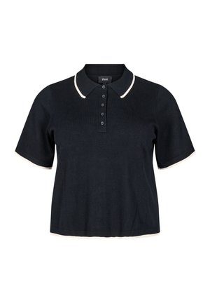 Melna polo krekls ar īsām piedurknēm, ar kontrastējošu krēmveida apkakli un piedurkņu malām, pogu aizdari un mīkstu tekstūru.
