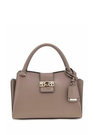 Sac à main en synthétique marron avec un design structuré, deux poignées, un fermoir à l'avant, des accents métalliques et une étiquette amovible.