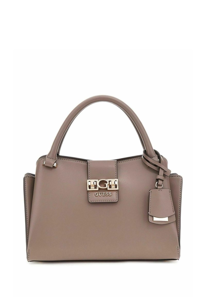 Sac à main en synthétique marron avec un design structuré, deux poignées, un fermoir à l'avant, des accents métalliques et une étiquette amovible.