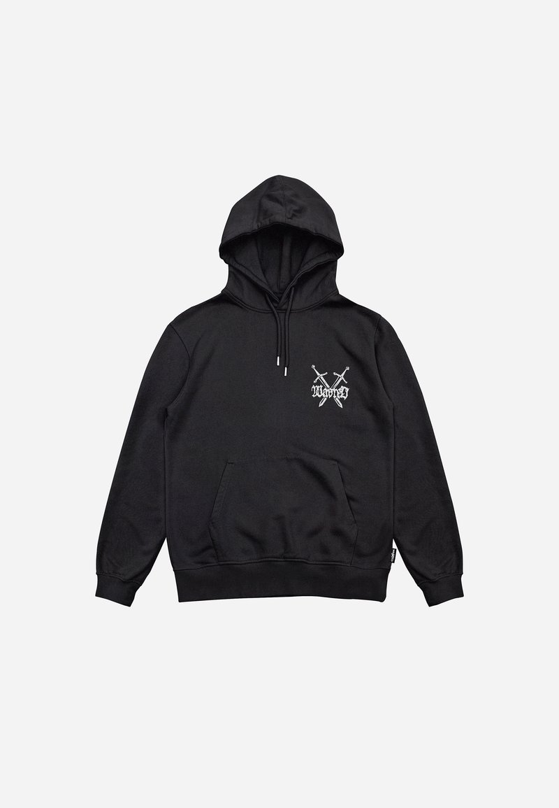 Musta huppari, valmistettu pehmeästä kankaasta, jossa etutasku, kiristysnauhallinen huppu ja valkoinen ristikkäisten miekkojen graafinen kuvio rinnassa.