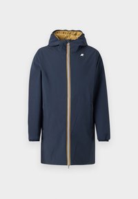 Marineblå parka med gul innside, hel lang frontglidelås, og fargerik stripe detalj på glidelåsen. Har hette og elastiske mansjetter.