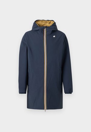 Navyblauer Parka mit gelbem Innenfutter, durchgehendem Reißverschluss und buntem Streifendetail am Reißverschluss. Verfügt über eine Kapuze und elastische Bündchen.