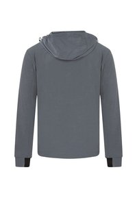 Grå langærmet jakke med hætte, der har en glat stofstruktur og sorte detaljer ved manchetterne. Bagsiden viser et minimalistisk design.