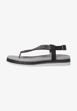 Black thong sandal with a textured strap featuring rhinestone embellishments, grey cushioned sole, and white rubber outsole. Adjustable ankle strap.