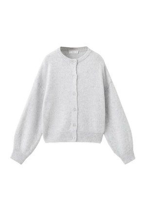 Cardigan grigio chiaro realizzato in materiale morbido, con scollatura rotonda, maniche lunghe e chiusura frontale con bottoni, rifinito con polsini e orlo a coste.