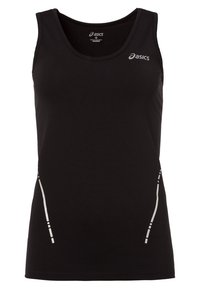 Svart atletisk linne med rund halsringning, tillverkat av lätt material, med reflekterande detaljer längs sidan. Varumärkeslogotyp synlig.