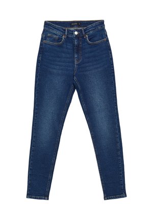 Dunkelblaue hochgeschnittene Skinny Jeans mit fünf Taschen, Knopfverschluss und dezentem Verblassen an Oberschenkeln und Knien.