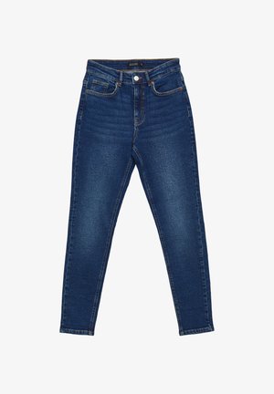 Dunkelblaue hochgeschnittene Skinny Jeans mit fünf Taschen, Knopfverschluss und dezentem Verblassen an Oberschenkeln und Knien.