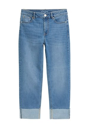 Jasnoniebieskie jeansy z denimu z podwiniętymi mankietami, przednim zapięciem na guzik i zamek błyskawiczny oraz wzorem z pięcioma kieszeniami.