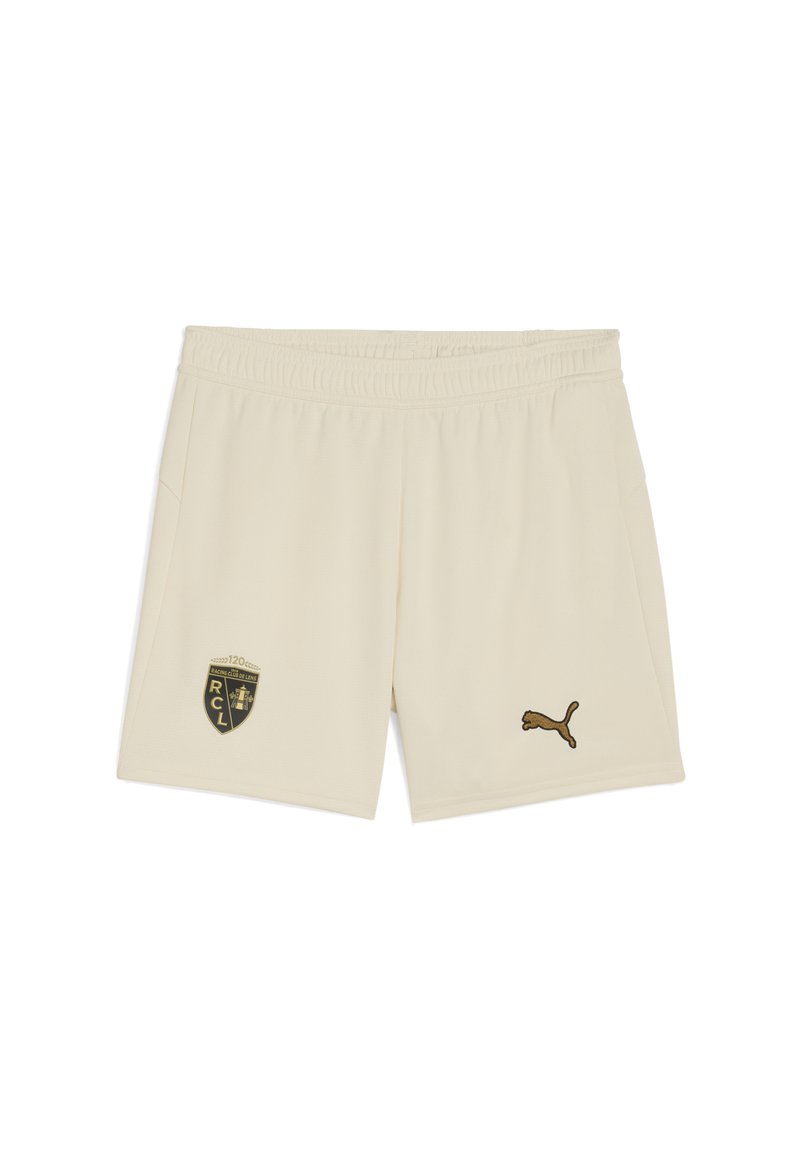 Pantalones cortos deportivos beige con cinturilla elástica. Presenta un emblema negro y dorado en el muslo izquierdo y un logo dorado en el lado derecho.