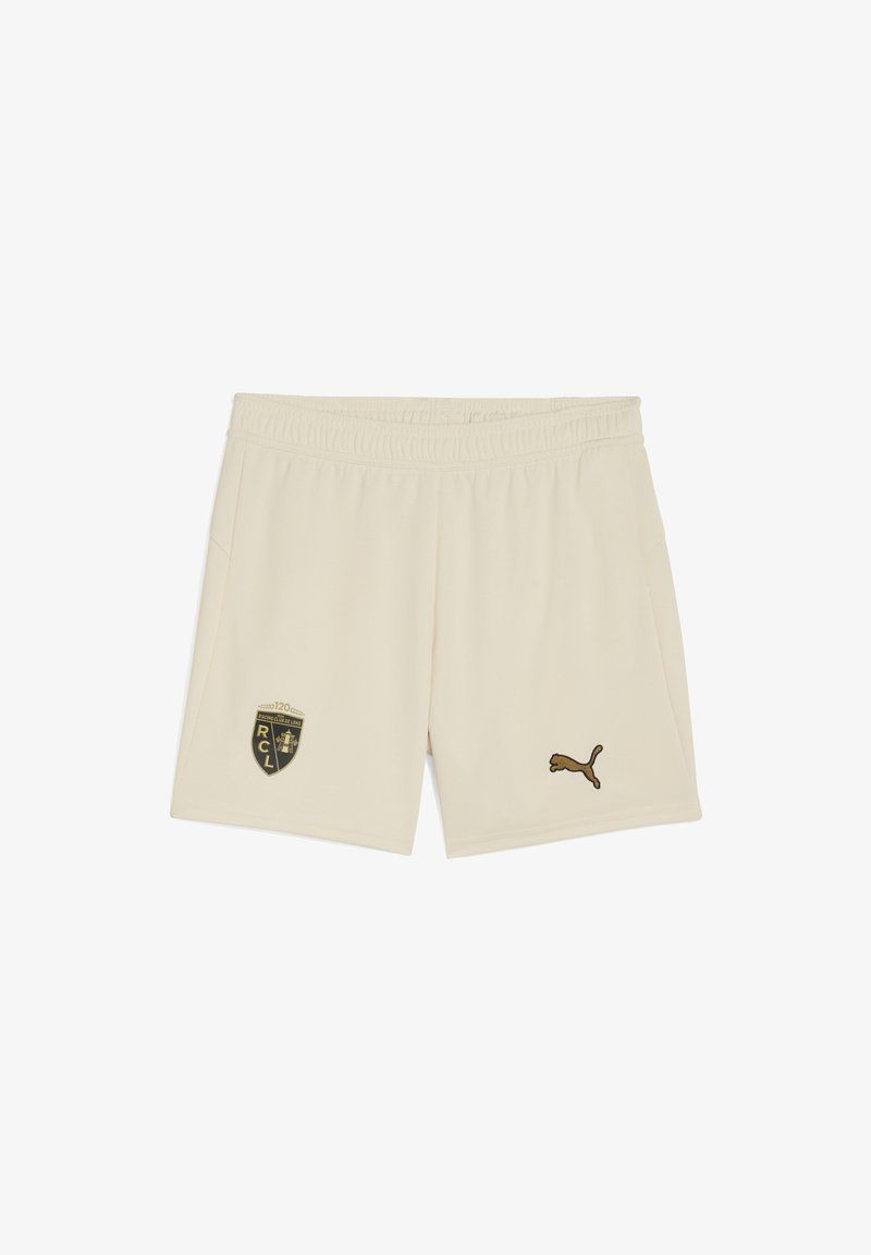Pantalones cortos deportivos beige con cinturilla elástica. Presenta un emblema negro y dorado en el muslo izquierdo y un logo dorado en el lado derecho.