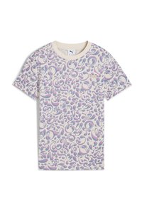 Kortärmad t-shirt i krämfärgad med ett färgglatt abstrakt mönster av virvlar och kurvor i rosa och blått. Har en liten guldlogotyp.