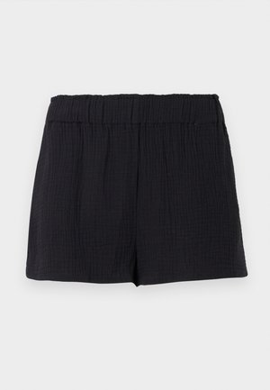Shorts en tissu noir texturé avec une taille élastique et une coupe ample et décontractée.