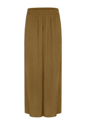 Hnědé kalhoty s širokými nohavicemi a elastickým pasem; vyrobené z hladké, lehké látky; mají boční záhyby pro lepší pohyb a plynulost.