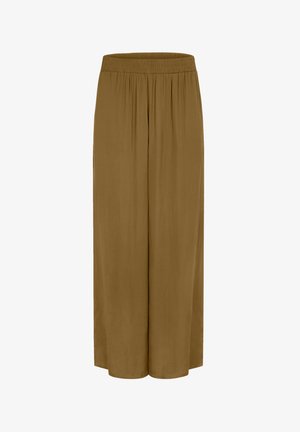 Pantalon marron à jambes larges avec une taille élastique ; fabriqué dans un tissu lisse et léger ; présente des plis latéraux pour plus de mouvement et de fluidité.