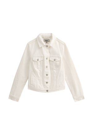 Witte denimjack met een knoopsluiting aan de voorkant, lange mouwen, twee borstzakken en een tapered fit met gestikte details en een klassieke kraag.