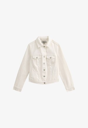 Witte denimjack met een knoopsluiting aan de voorkant, lange mouwen, twee borstzakken en een tapered fit met gestikte details en een klassieke kraag.