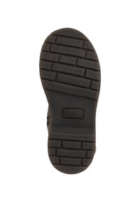 Semelle de chaussure en caoutchouc noir avec un motif texturé, présentant un design de bande de roulement rectangulaire et une section de talon lisse.