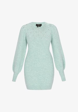 Mint green sweater dress with a round neckline, balloon sleeves, and decorative beads near the shoulder. Soft texture and fitted silhouette.