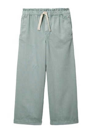 Pantalon ample vert clair avec taille élastique et cordon beige, poches avant et coupe décontractée.