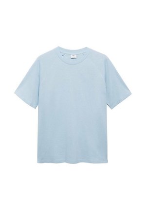 T-shirt azzurro chiaro a maniche corte con collo rotondo, maniche raglan e una texture morbida, caratterizzato da un bordo dritto e senza ulteriori motivi.