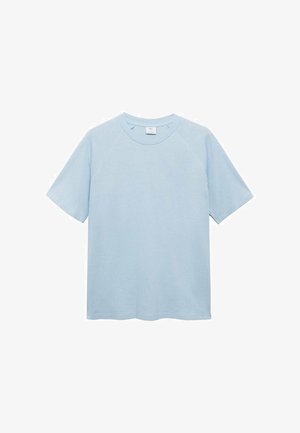T-shirt azzurro chiaro a maniche corte con collo rotondo, maniche raglan e una texture morbida, caratterizzato da un bordo dritto e senza ulteriori motivi.