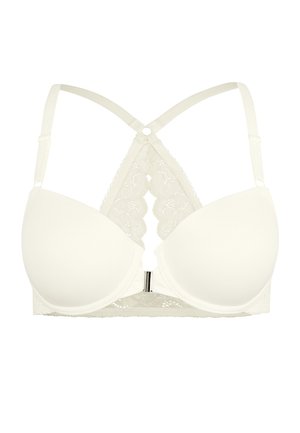 Witte gewatteerde bh met kanten details, kruisende bandjes en een decoratieve sluiting. Gladde stof met ingewikkelde kanten accenten.