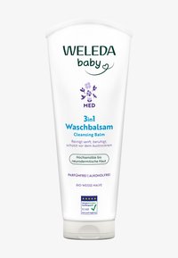 Rura z balsamem oczyszczającym 3w1 Weleda Baby z informacjami o produkcie, certyfikatem przyjaznym dla alergenów oraz tekstem w języku niemieckim na białym tle.