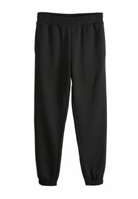 Zwarte joggingbroek van een katoenmix. Heeft een elastische tailleband en boordjes bij de enkels voor een strakke pasvorm. Soepele textuur.