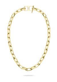 Guldfarvet kædereg necklace med rektangulære led med en glat finish og en toggle-lås. Enkel design med en poleret overflade.