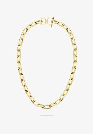 Gold-colored chain necklace featuring rectangular links with a smooth finish and a toggle clasp. Simple design with a polished texture.