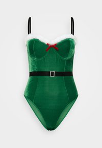 Maillot de bain une pièce en velours vert avec un col en fourrure blanche, un détail de nœud rouge et une ceinture noire avec une boucle en strass.