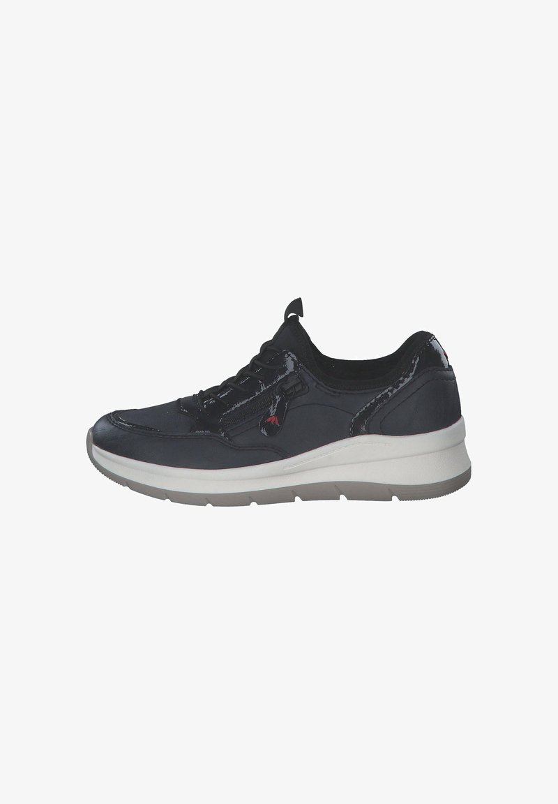 Black athletic shoe with smooth leather and patent accents, featuring a cushioned sole and a secure lace-up design.