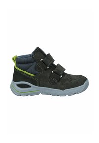 Dunkelgrauer Wildlederstiefel mit grauem Mesh-Obermaterial, grünen Akzenten und zwei Klettverschlüssen. Merkmale sind eine abgerundete Zehenpartie und eine strukturierte Gummisohle.