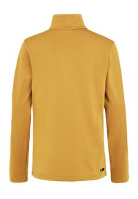 Lange mouwen polo in mosterdgeel. Heeft een hoge kraag en soepele, rekbare stof. Eenvoudig ontwerp zonder patronen of extra accenten.