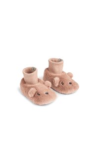 Mjuka rosa babystövlar med björns ansikten, öron och ribbade vristmuddar, designade för värme och komfort.