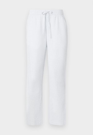 Hellblaue Schlafanzughose mit strukturiertem Muster, elastischem Bund und Kordelzug. Gerader Schnitt, leichtes Material.