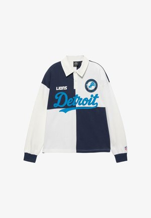 Polo majica dugih rukava s blokovima u mornarsko plavoj i bijeloj boji, natpisom "Detroit", logom Lionsa i NFL logom na manžeti.