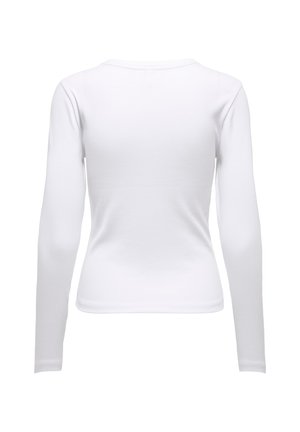 Langärmliges weißes T-Shirt mit figurbetontem Schnitt aus geripptem Baumwollstoff, mit rundem Ausschnitt und glatter Textur.