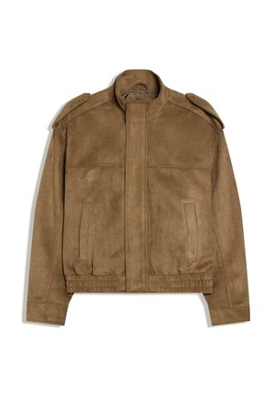 Braune Wildleder-Bomberjacke mit Frontreißverschluss, elastischem Bund, Schulterklappen und zwei vertikalen Seitentaschen.