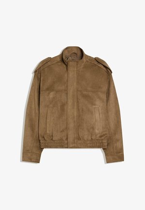 Hnedá bomber bunda z semišu so zipsom vpredu, elastickým pásom, klapkovými detailmi na ramenách a dvoma vertikálnymi bočnými vreckami.