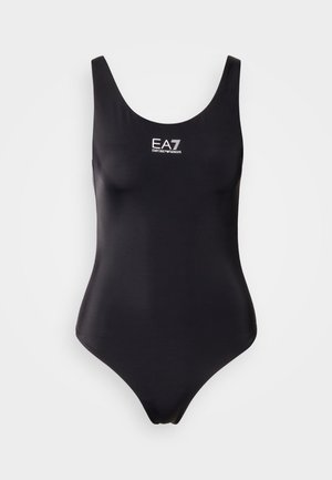 Black one-piece swimsuit with a rounded neckline and wide shoulder straps. Features a white EA7 logo on the chest. Smooth, slightly glossy fabric.
