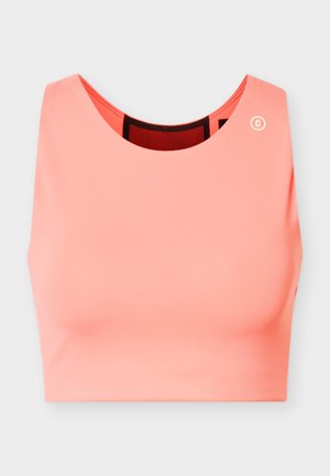 Koraalroze mouwloos cropped top met een ronde hals en gladde stof, ontworpen voor een aansluitende pasvorm.