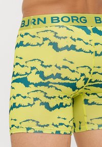 Ανδρικά μποξεράκια σε яр жело с синеми абстрактных узором. Имеет широкий зеленый пояс с текстом "BJRN BORG". Гладкая, эластичная ткань.