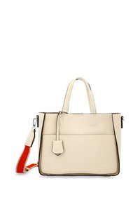 Borsa a mano in pelle beige con dettagli neri, manici superiori, tracolla staccabile e una tasca frontale con un piccolo etichetta. Texture liscia.