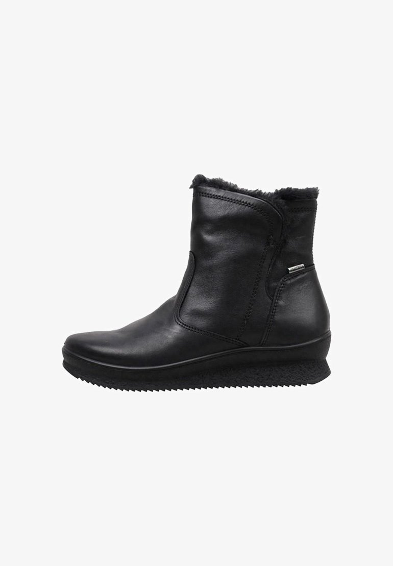 Bottes noires en cuir jusqu'à la cheville avec un col en fourrure douce, dotées d'une semelle compensée et de détails de couture subtils, conçues pour le confort et la chaleur.