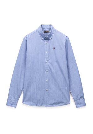 Light blue long-sleeve shirt with subtle vertical stripes, button-down collar, and small logo patch on the left chest. Cotton material.