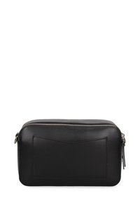 Pochette nera in pelle con zip, dalla forma rettangolare piatta, texture liscia e una tasca frontale con un sottile motivo di cucitura.